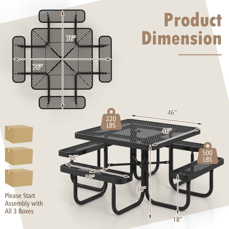 46" Square Picnic Table and Bench Set Outdoor Coated Steel Camping Table with Seats and Umbrella Hole for 8 Person