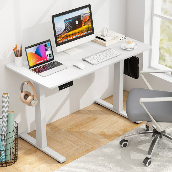 Height Adjustable Electric Standing Desk Sit Stand Office Computer Desk with Hanging Hooks and Adjustable Foot Pads
