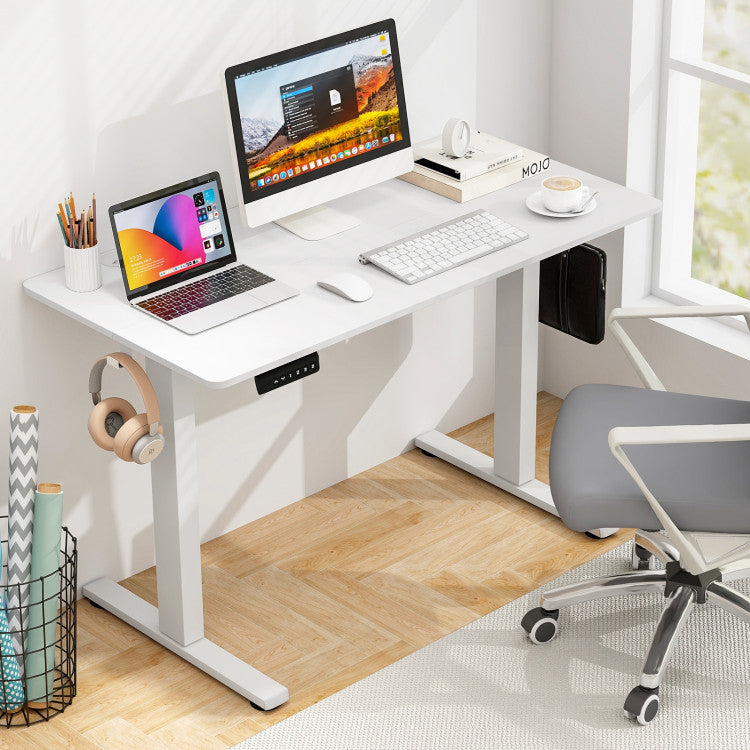Height Adjustable Electric Standing Desk Sit Stand Office Computer Desk with Hanging Hooks and Adjustable Foot Pads