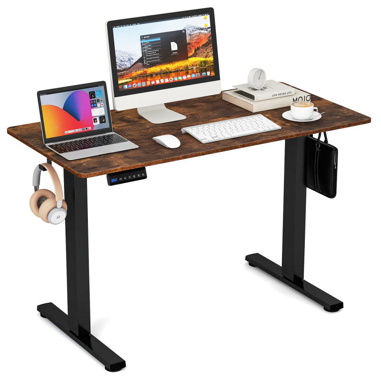 Height Adjustable Electric Standing Desk Sit Stand Office Computer Desk with Hanging Hooks and Adjustable Foot Pads