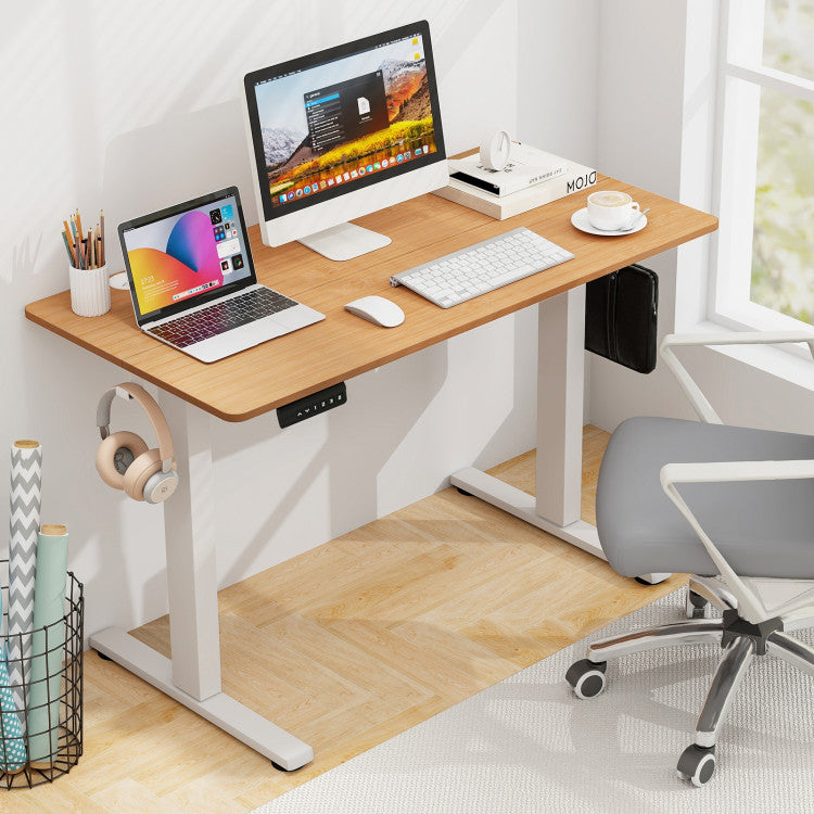 Height Adjustable Electric Standing Desk Sit Stand Office Computer Desk with Hanging Hooks and Adjustable Foot Pads