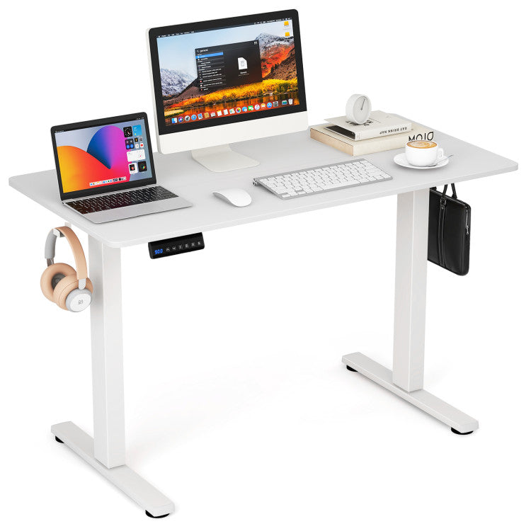 Height Adjustable Electric Standing Desk Sit Stand Office Computer Desk with Hanging Hooks and Adjustable Foot Pads