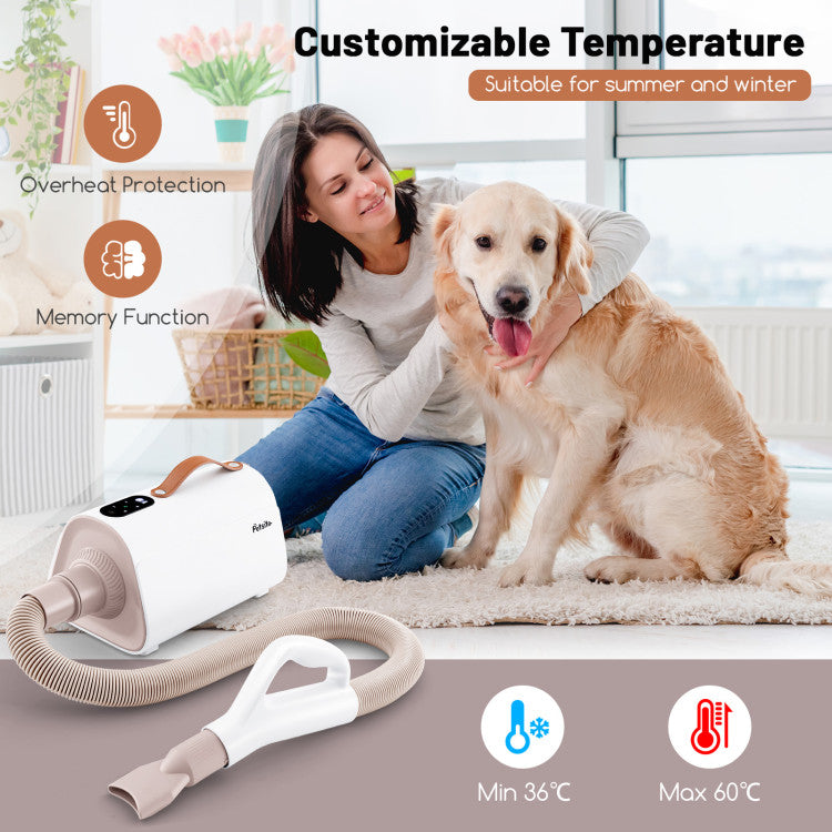 High-Velocity Dog Hair Dryer Pet Blower with Adjustable Temperature and Overheat Protection for Pet Grooming