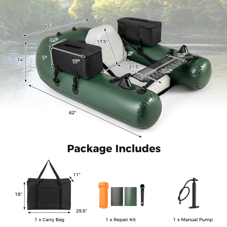 Inflatable Float Tube Portable Fishing Belly Boat with Detachable Storage Bags and Fish Ruler for Rivers Lakes Angling