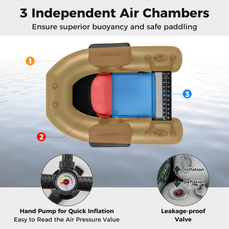 Inflatable Float Tube Portable Fishing Belly Boat with Detachable Storage Bags and Fish Ruler for Rivers Lakes Angling