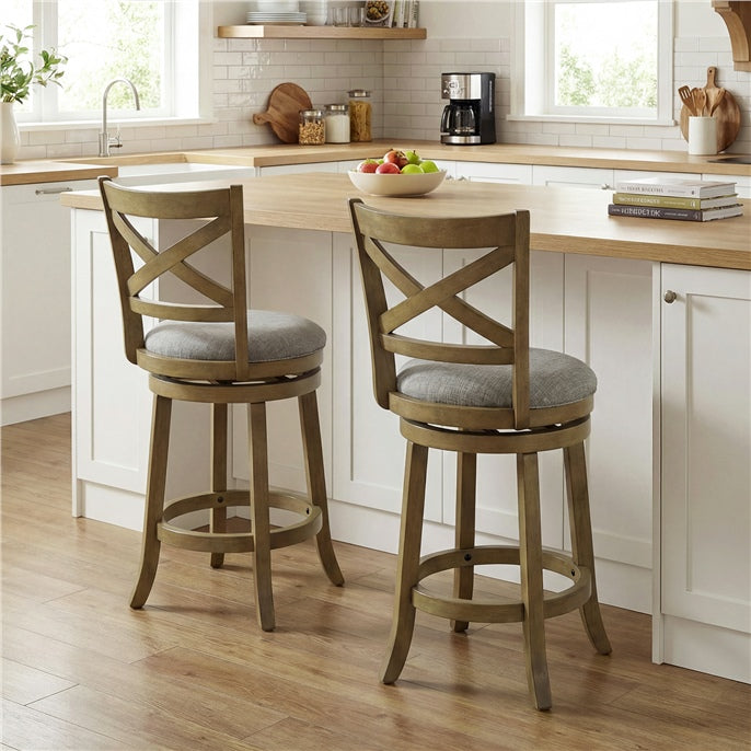 Set of 2 Swivel Bar Stools Upholstered Counter Height Dining Chairs with Padded Seat and Footrest