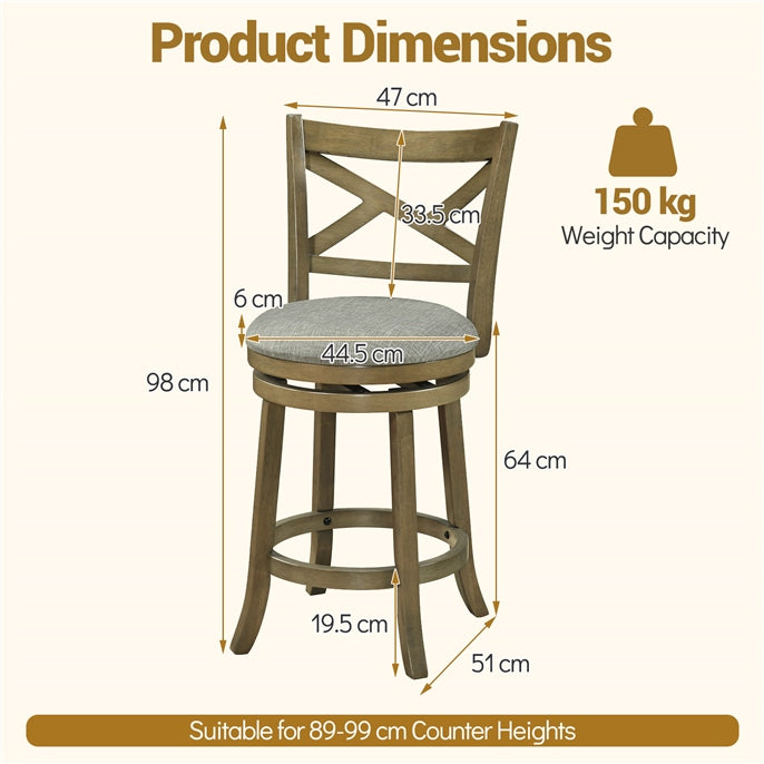 Set of 2 Swivel Bar Stools Upholstered Counter Height Dining Chairs with Padded Seat and Footrest