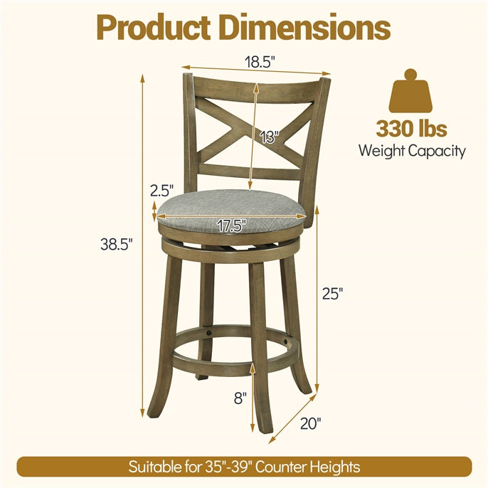 Set of 2 Swivel Bar Stools Upholstered Counter Height Dining Chairs with Padded Seat and Footrest