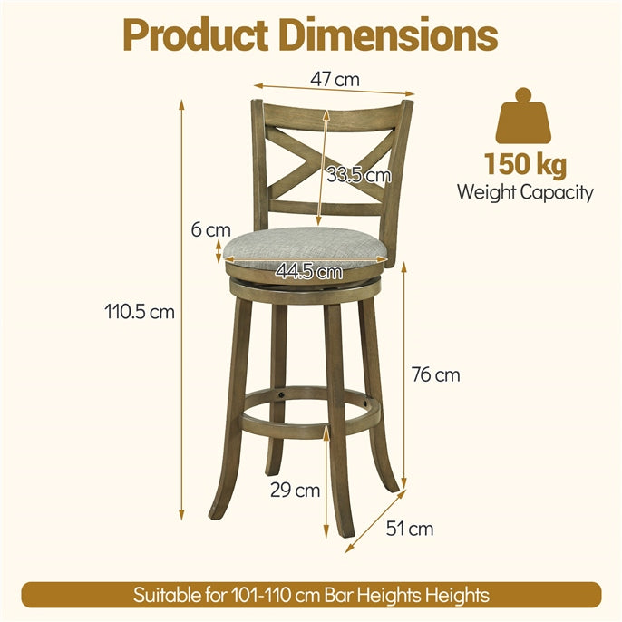 Set of 2 Swivel Bar Stools Upholstered Counter Height Dining Chairs with Padded Seat and Footrest