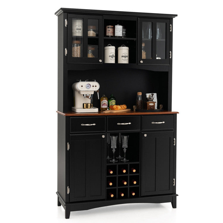 Kitchen Hutch Sideboard Wood Buffet Cabinet Kitchenware Server with Wine Bottle Modulars and 3 Large Drawers