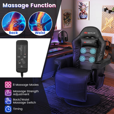 Massage Video Gaming Chair Height Adjustable Recliner 360° Swivel Office Chair with Retractable Footrest and Reclining Backrest