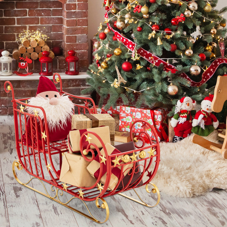 Metal Christmas Santa Sleigh Basket Xmas Festival Holiday Decor with Golden Stars and Elegant Scrollwork