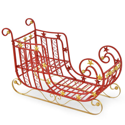 Metal Christmas Santa Sleigh Basket Xmas Festival Holiday Decor with Golden Stars and Elegant Scrollwork