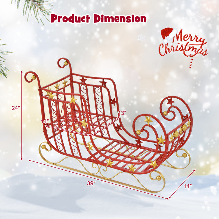 Metal Christmas Santa Sleigh Basket Xmas Festival Holiday Decor with Golden Stars and Elegant Scrollwork