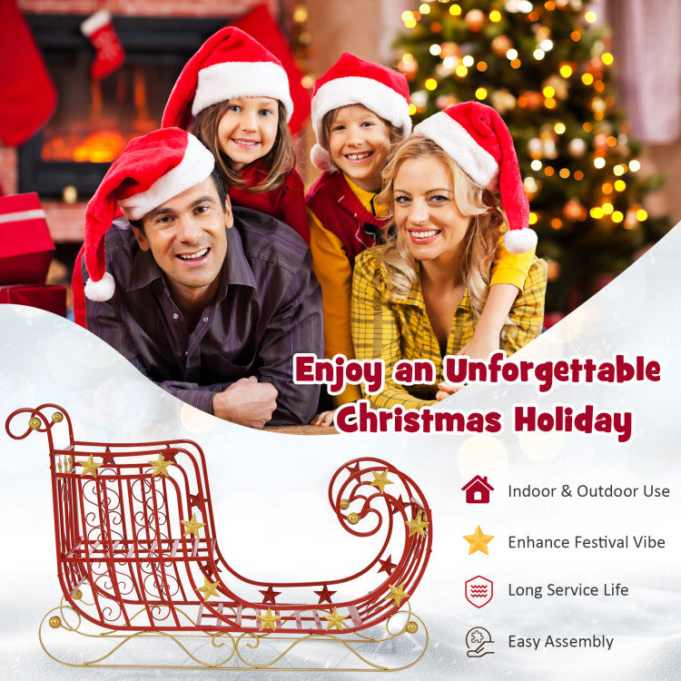 Metal Christmas Santa Sleigh Basket Xmas Festival Holiday Decor with Golden Stars and Elegant Scrollwork