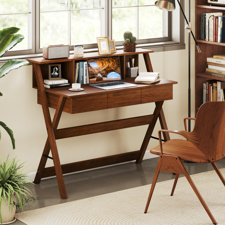 Mid Century Home Office Desk with 3 Storage Drawers and Monitor Stand