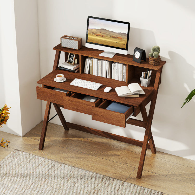 Mid Century Home Office Desk with 3 Storage Drawers and Monitor Stand