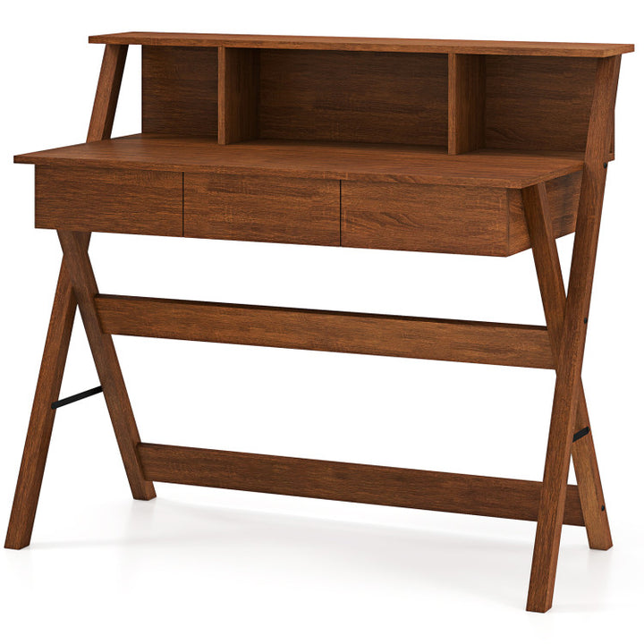 Mid Century Home Office Desk with 3 Storage Drawers and Monitor Stand