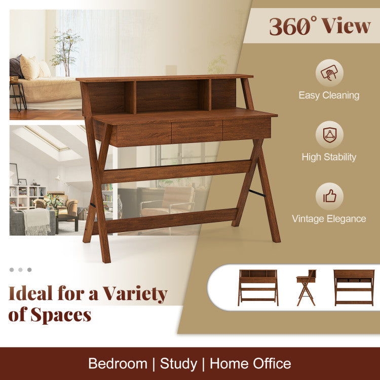Mid Century Home Office Desk with 3 Storage Drawers and Monitor Stand