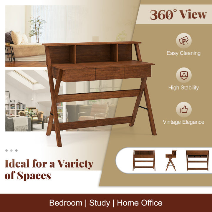 Mid Century Home Office Desk with 3 Storage Drawers and Monitor Stand