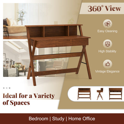 Mid Century Home Office Desk with 3 Storage Drawers and Monitor Stand