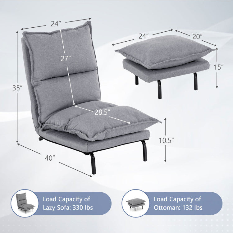 Modern Armless Accent Chair Adjustable Lazy Sofa with Removable Padded Cushions and Ottoman