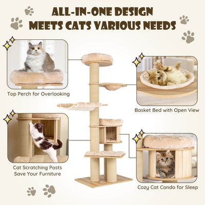 75" Modern Tall Wood Cat Tree Cat Tower Multi-Layer Platform Cat Condo Furniture with Removable and Washable Mats for Large Cats Kittens