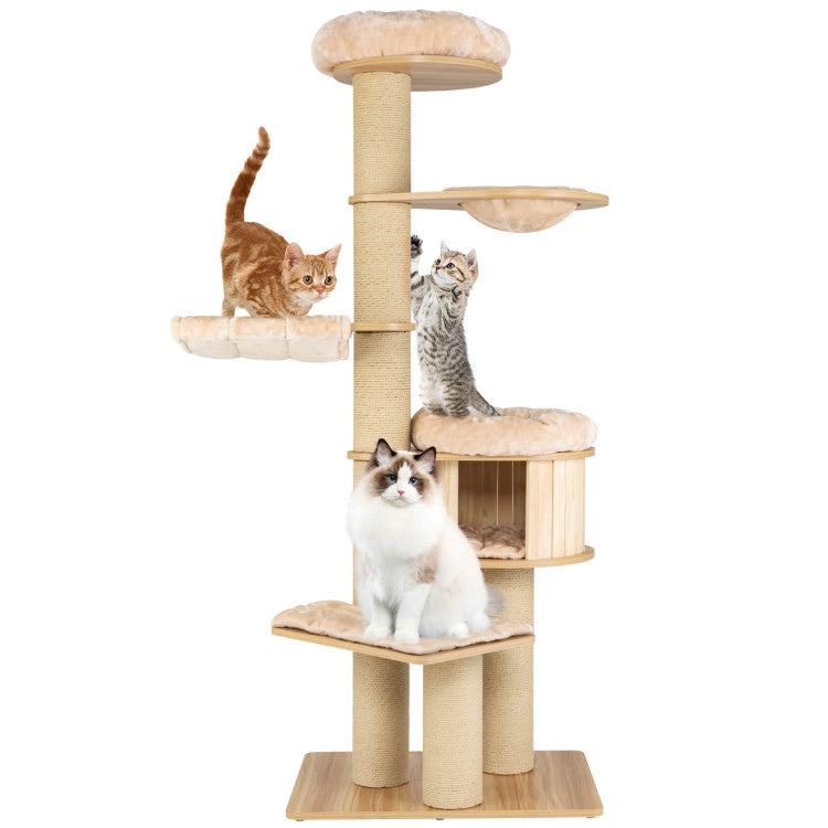 75" Modern Tall Wood Cat Tree Cat Tower Multi-Layer Platform Cat Condo Furniture with Removable and Washable Mats for Large Cats Kittens