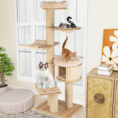 75" Modern Tall Wood Cat Tree Cat Tower Multi-Layer Platform Cat Condo Furniture with Removable and Washable Mats for Large Cats Kittens
