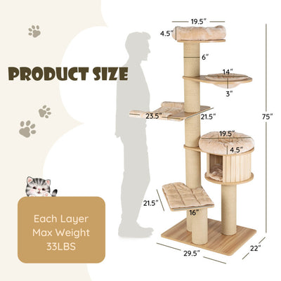 75" Modern Tall Wood Cat Tree Cat Tower Multi-Layer Platform Cat Condo Furniture with Removable and Washable Mats for Large Cats Kittens