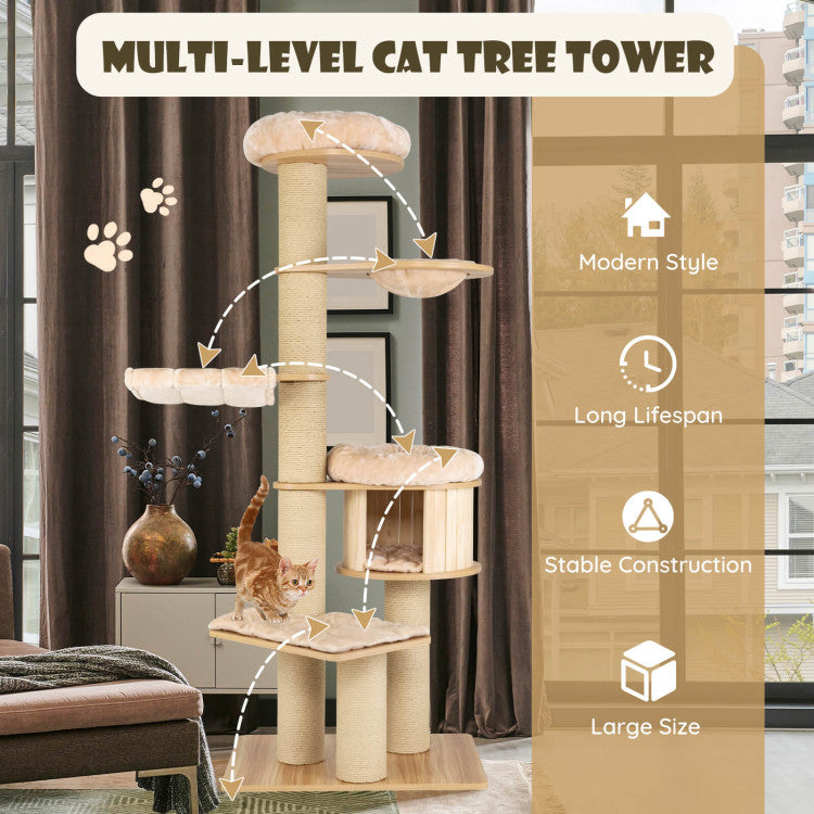 75" Modern Tall Wood Cat Tree Cat Tower Multi-Layer Platform Cat Condo Furniture with Removable and Washable Mats for Large Cats Kittens