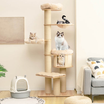 75" Modern Tall Wood Cat Tree Cat Tower Multi-Layer Platform Cat Condo Furniture with Removable and Washable Mats for Large Cats Kittens