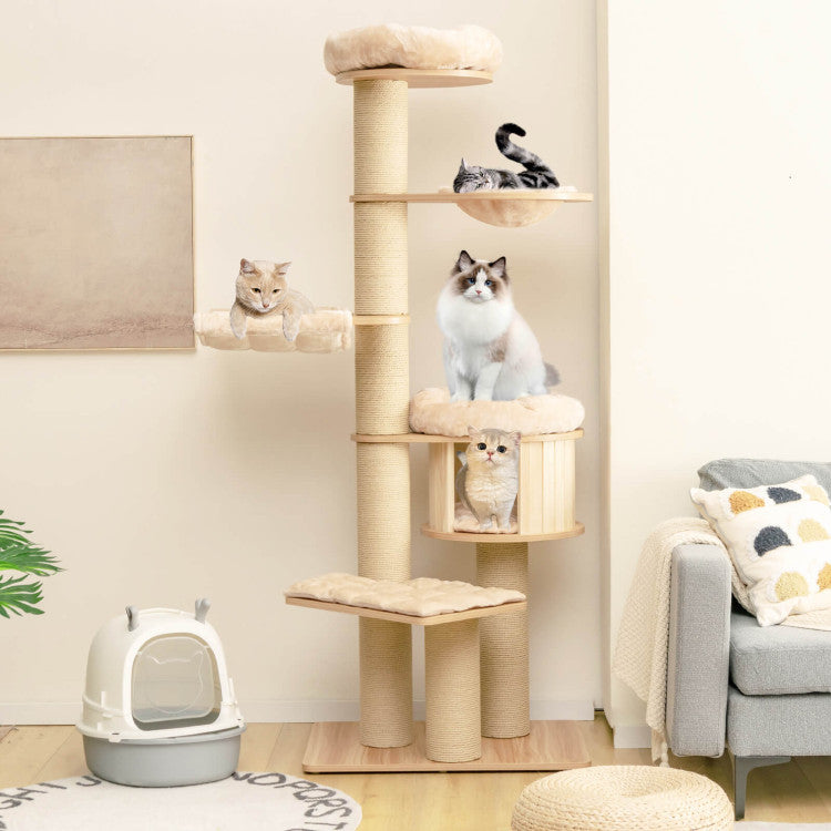 75" Modern Tall Wood Cat Tree Cat Tower Multi-Layer Platform Cat Condo Furniture with Removable and Washable Mats for Large Cats Kittens