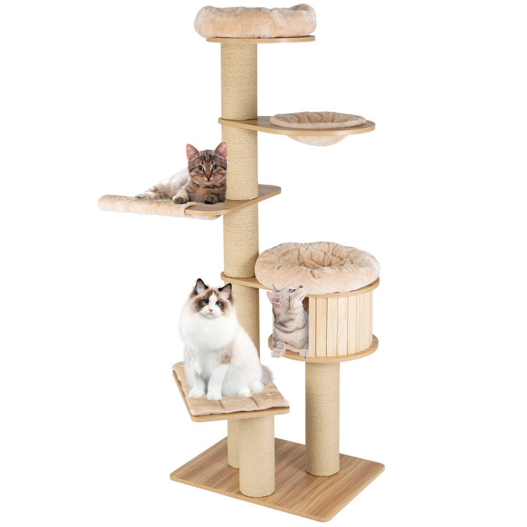 75" Modern Tall Wood Cat Tree Cat Tower Multi-Layer Platform Cat Condo Furniture with Removable and Washable Mats for Large Cats Kittens