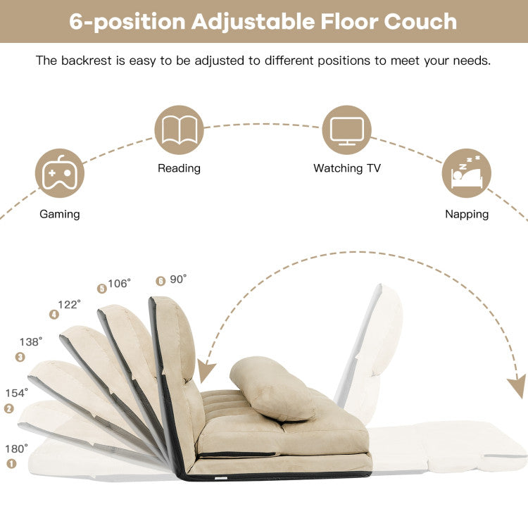 Multi-Functional Foldable Lazy Sofa Sleeper Bed 6-Position Adjustable Suede Floor Sofa Couch with Detachable Cloth Cover and 2 Pillows