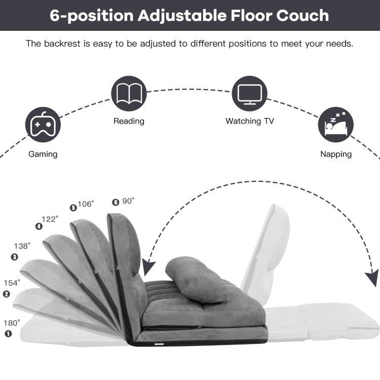 Multi-Functional Foldable Lazy Sofa Sleeper Bed 6-Position Adjustable Suede Floor Sofa Couch with Detachable Cloth Cover and 2 Pillows