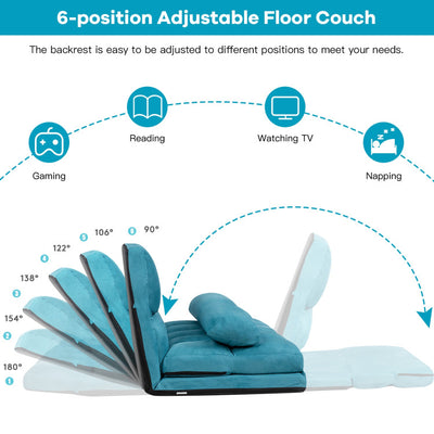 Multi-Functional Foldable Lazy Sofa Sleeper Bed 6-Position Adjustable Suede Floor Sofa Couch with Detachable Cloth Cover and 2 Pillows