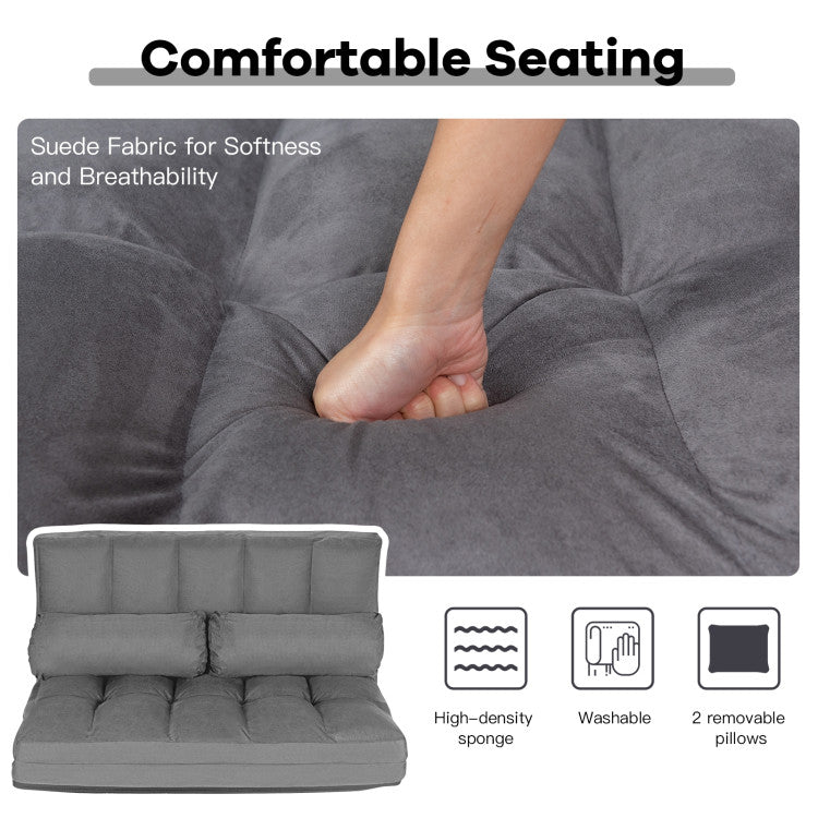 Multi-Functional Foldable Lazy Sofa Sleeper Bed 6-Position Adjustable Suede Floor Sofa Couch with Detachable Cloth Cover and 2 Pillows