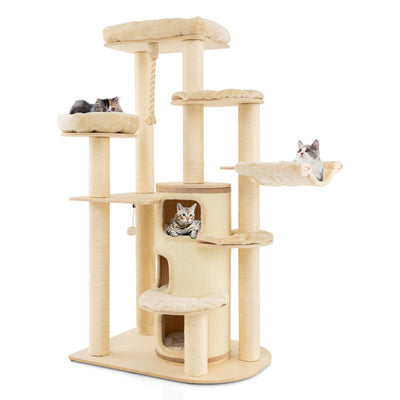 67 Inch Multi-Level Tall Cat Tree Modern Large Cat Tower with Hanging Play Rope and 3-Story Cat Condo