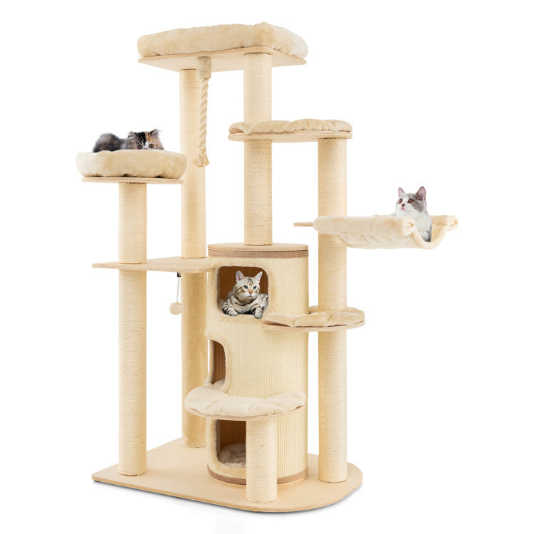 67 Inch Multi-Level Tall Cat Tree Modern Large Cat Tower with Hanging Play Rope and 3-Story Cat Condo