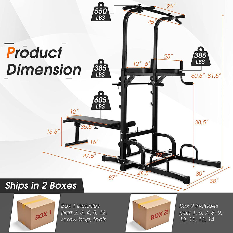 Multifunctional Home Gym Pull-Up Bar Stand Dip Station Power Tower Fitness Equipment with 7 Adjustable Heights and Foldable Weight Bench For Full Body Strength Training