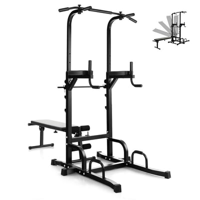 Multifunctional Home Gym Pull-Up Bar Stand Dip Station Power Tower Fitness Equipment with 7 Adjustable Heights and Foldable Weight Bench For Full Body Strength Training