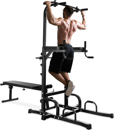 Multifunctional Home Gym Pull-Up Bar Stand Dip Station Power Tower Fitness Equipment with 7 Adjustable Heights and Foldable Weight Bench For Full Body Strength Training