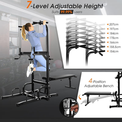 Multifunctional Home Gym Pull-Up Bar Stand Dip Station Power Tower Fitness Equipment with 7 Adjustable Heights and Foldable Weight Bench For Full Body Strength Training