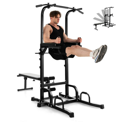 Multifunctional Home Gym Pull-Up Bar Stand Dip Station Power Tower Fitness Equipment with 7 Adjustable Heights and Foldable Weight Bench For Full Body Strength Training