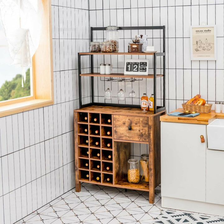 Multifunctional Wine Bakers Rack Table Kitchen Freestanding Floor Bar Cabinet with Glass Holder and Drawer for Dining Room