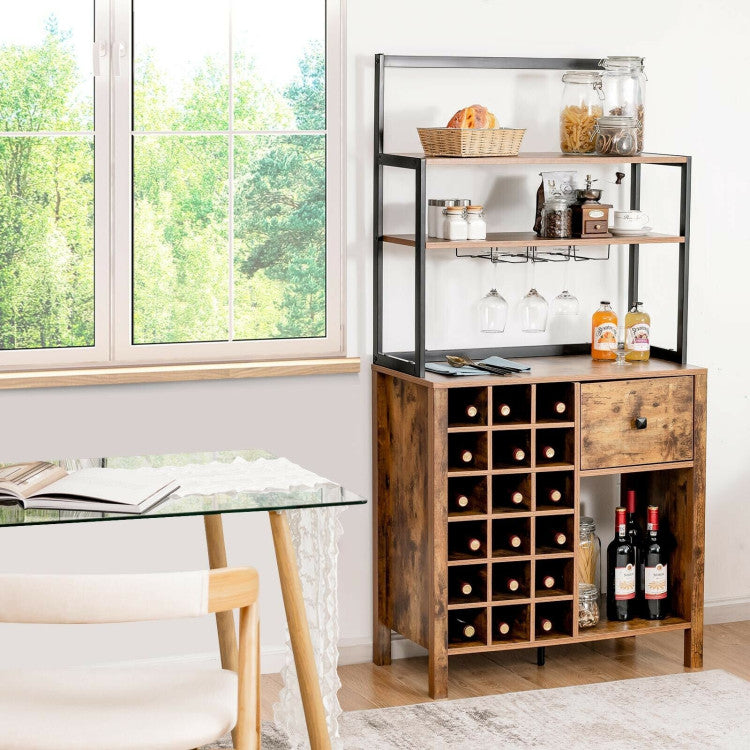 Multifunctional Wine Bakers Rack Table Kitchen Freestanding Floor Bar Cabinet with Glass Holder and Drawer for Dining Room