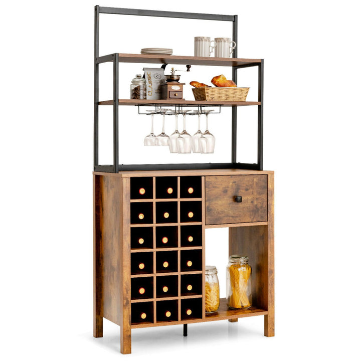 Multifunctional Wine Bakers Rack Table Kitchen Freestanding Floor Bar Cabinet with Glass Holder and Drawer for Dining Room