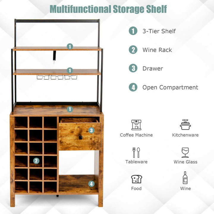 Multifunctional Wine Bakers Rack Table Kitchen Freestanding Floor Bar Cabinet with Glass Holder and Drawer for Dining Room