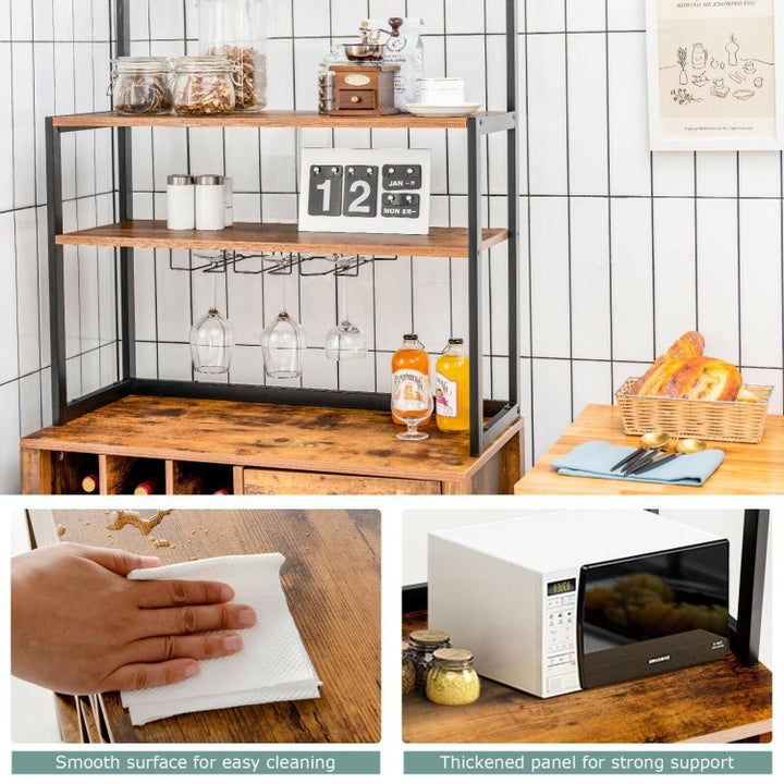 Multifunctional Wine Bakers Rack Table Kitchen Freestanding Floor Bar Cabinet with Glass Holder and Drawer for Dining Room